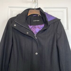 Women’s Calvin Klein Sz Small wool winter coat Removable hood zip & snap lined